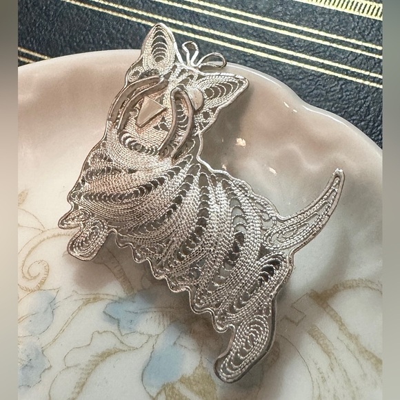 Vtg Sterling Silver Scottish Terrier Filigree Brooch Pin - Picture 2 of 3